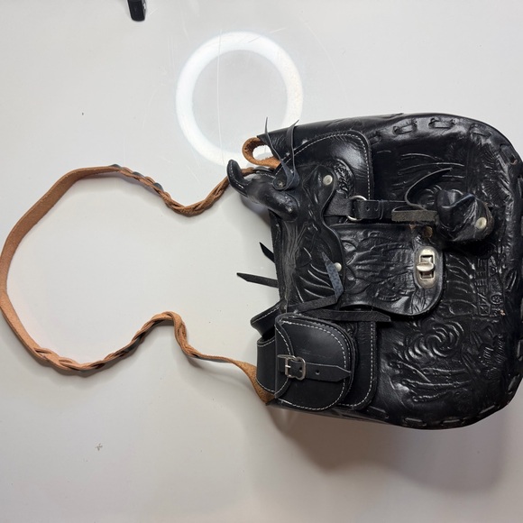 Vintage Western Tooled Leather Horse Saddle Shoulder Bag Black - Picture 7 of 10